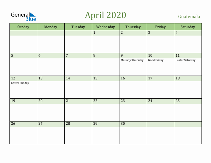 April 2020 Calendar with Guatemala Holidays