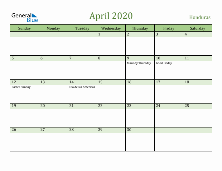 April 2020 Calendar with Honduras Holidays