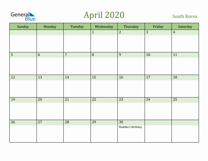 April 2020 Calendar with South Korea Holidays