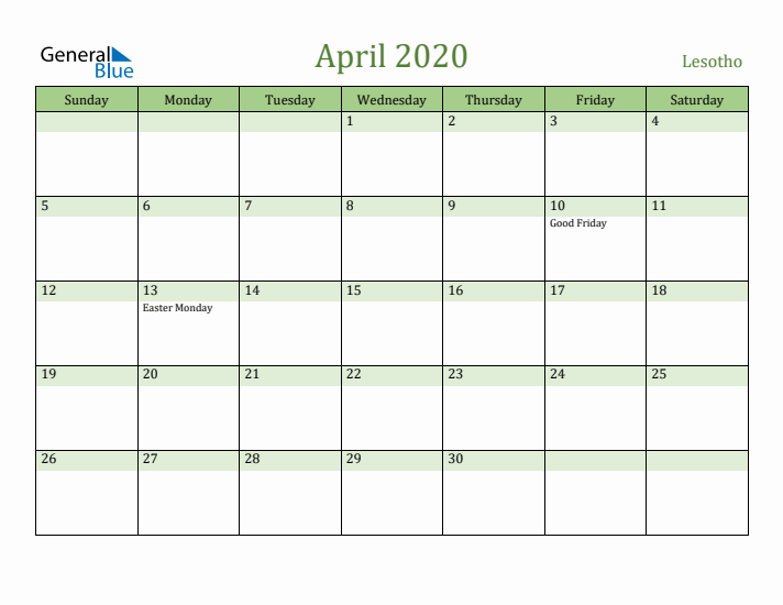 April 2020 Calendar with Lesotho Holidays
