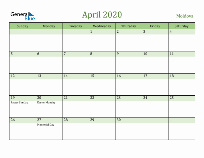 April 2020 Calendar with Moldova Holidays