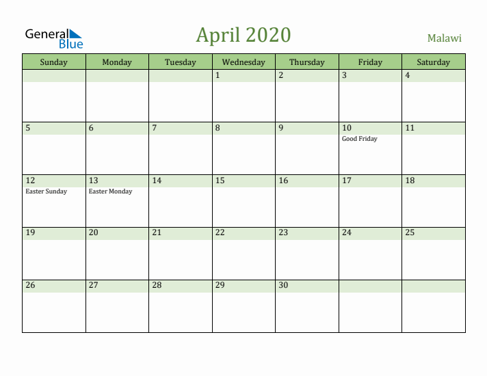 April 2020 Calendar with Malawi Holidays