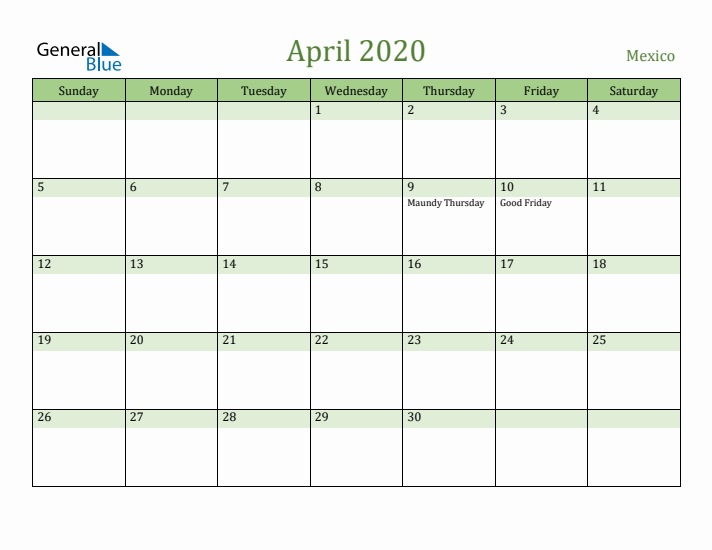 April 2020 Calendar with Mexico Holidays