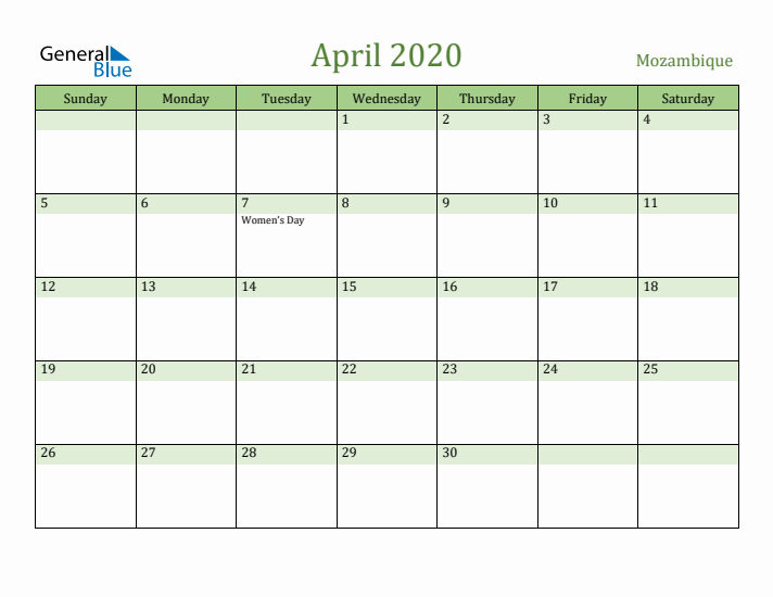 April 2020 Calendar with Mozambique Holidays