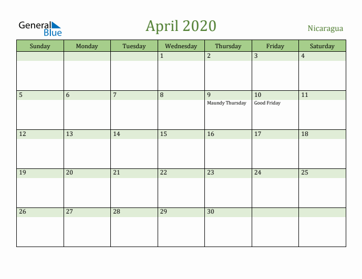 April 2020 Calendar with Nicaragua Holidays