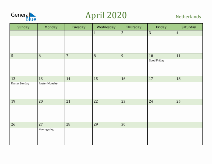 April 2020 Calendar with The Netherlands Holidays