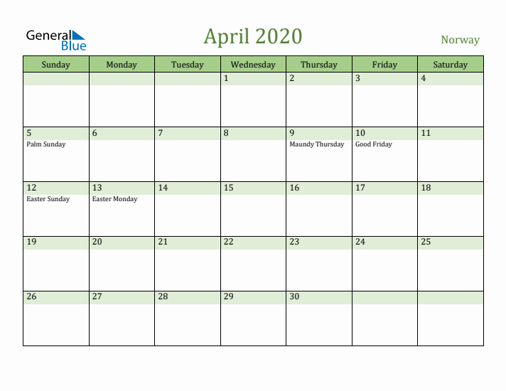 April 2020 Calendar with Norway Holidays