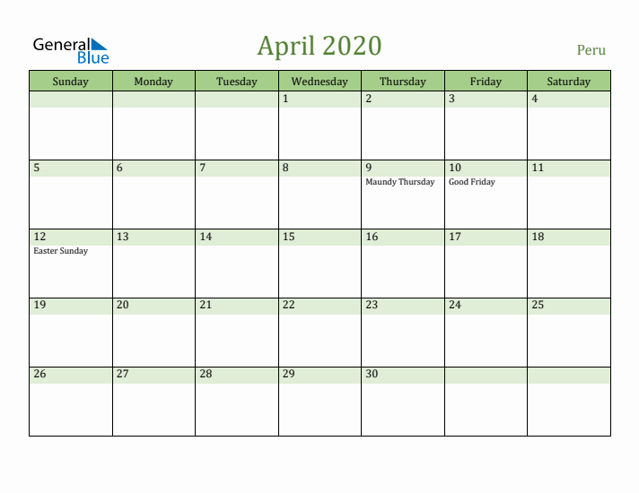 April 2020 Calendar with Peru Holidays