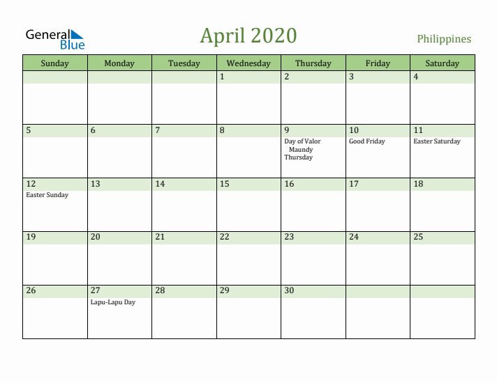 April 2020 Calendar with Philippines Holidays
