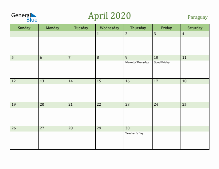 April 2020 Calendar with Paraguay Holidays