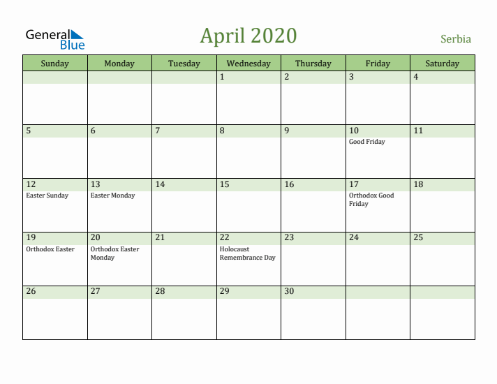 April 2020 Calendar with Serbia Holidays