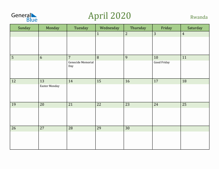 April 2020 Calendar with Rwanda Holidays