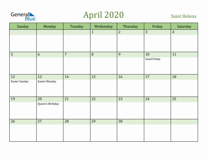 April 2020 Calendar with Saint Helena Holidays