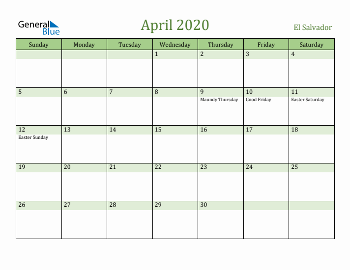 April 2020 Calendar with El Salvador Holidays