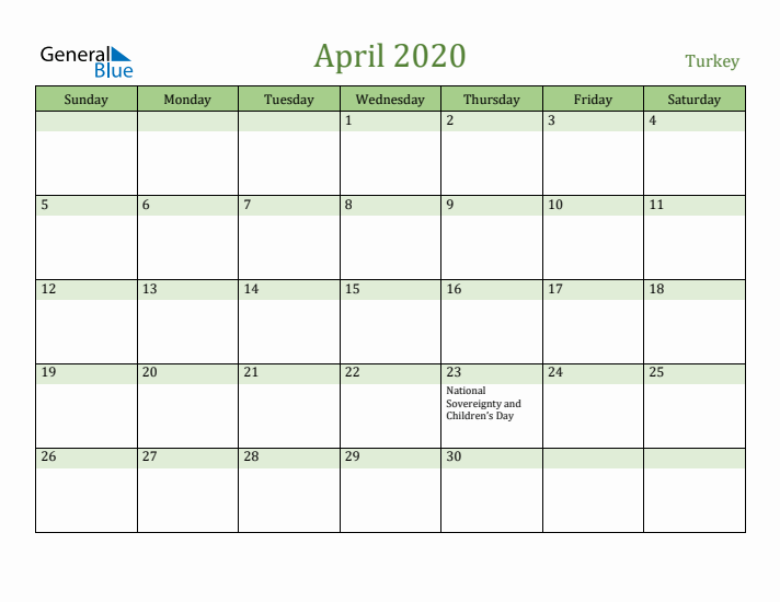 April 2020 Calendar with Turkey Holidays