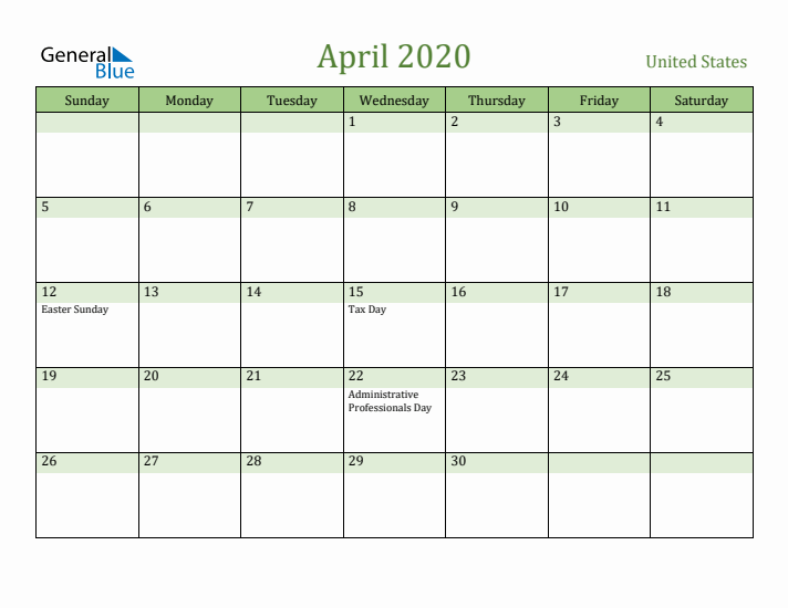 April 2020 Calendar with United States Holidays