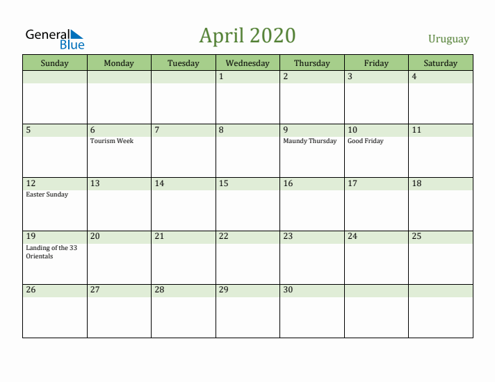 April 2020 Calendar with Uruguay Holidays