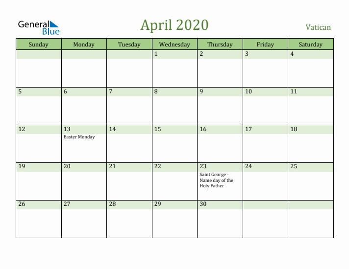 April 2020 Calendar with Vatican Holidays