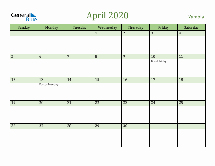 April 2020 Calendar with Zambia Holidays