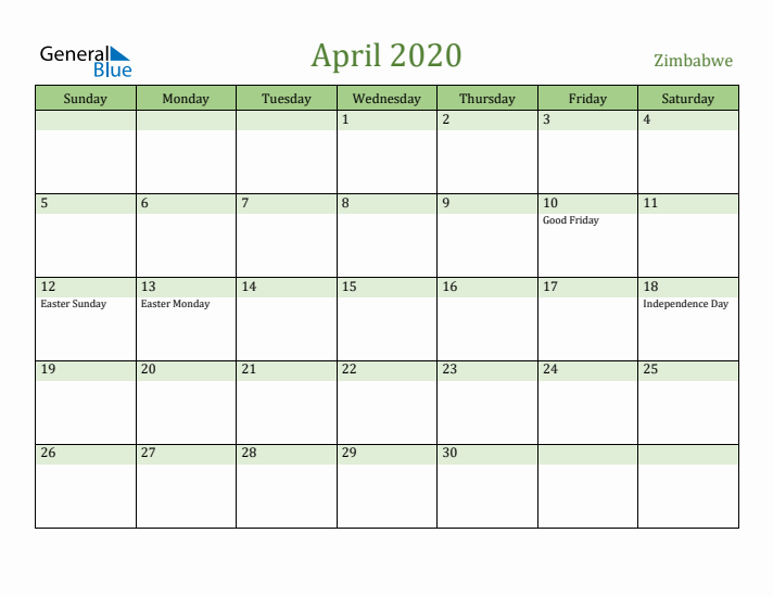 April 2020 Calendar with Zimbabwe Holidays