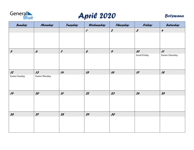 April 2020 Calendar with Holidays
