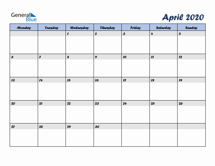 April 2020 Blue Calendar (Monday Start)