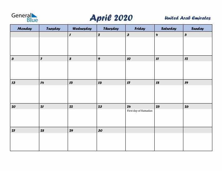 April 2020 Calendar with Holidays in United Arab Emirates