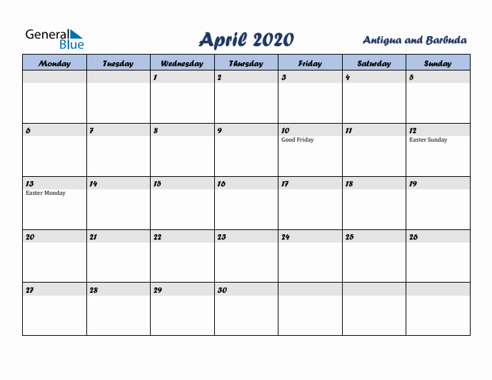 April 2020 Calendar with Holidays in Antigua and Barbuda