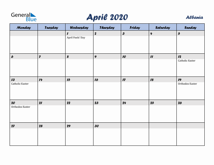 April 2020 Calendar with Holidays in Albania