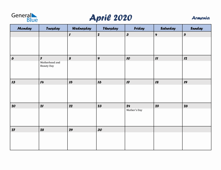 April 2020 Calendar with Holidays in Armenia