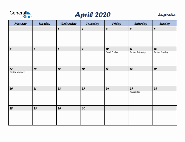 April 2020 Calendar with Holidays in Australia