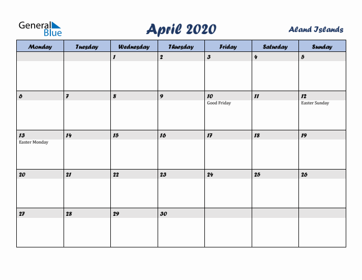 April 2020 Calendar with Holidays in Aland Islands
