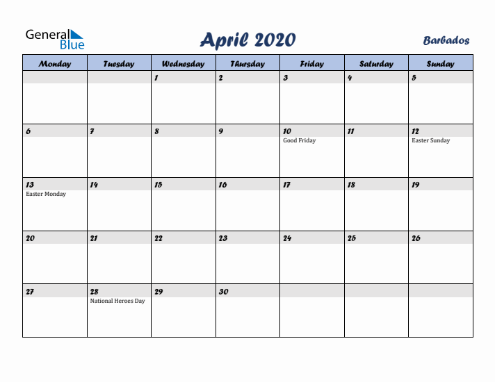 April 2020 Calendar with Holidays in Barbados