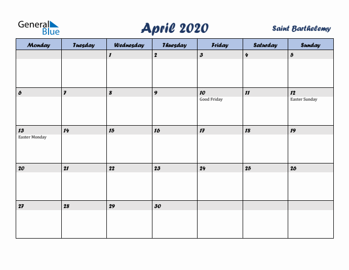 April 2020 Calendar with Holidays in Saint Barthelemy