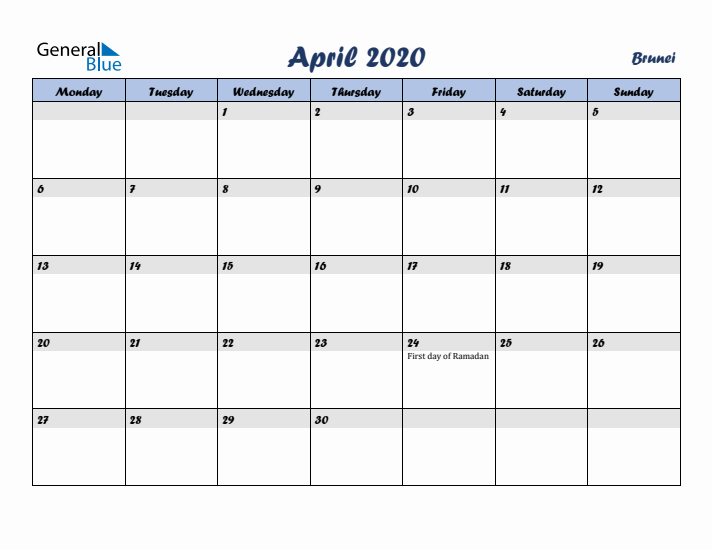 April 2020 Calendar with Holidays in Brunei