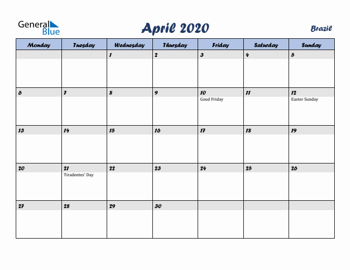 April 2020 Calendar with Holidays in Brazil