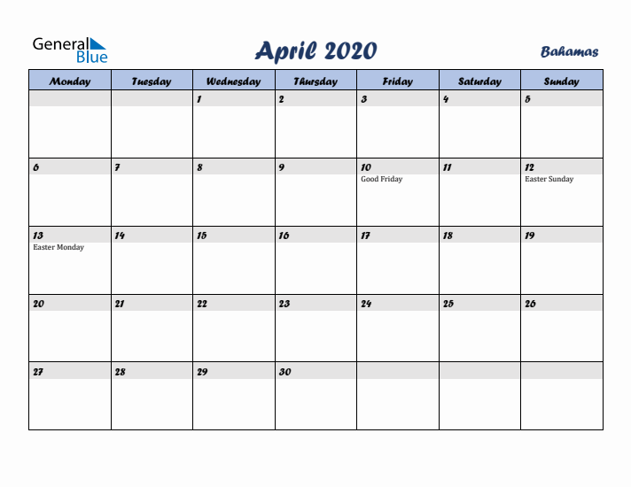 April 2020 Calendar with Holidays in Bahamas