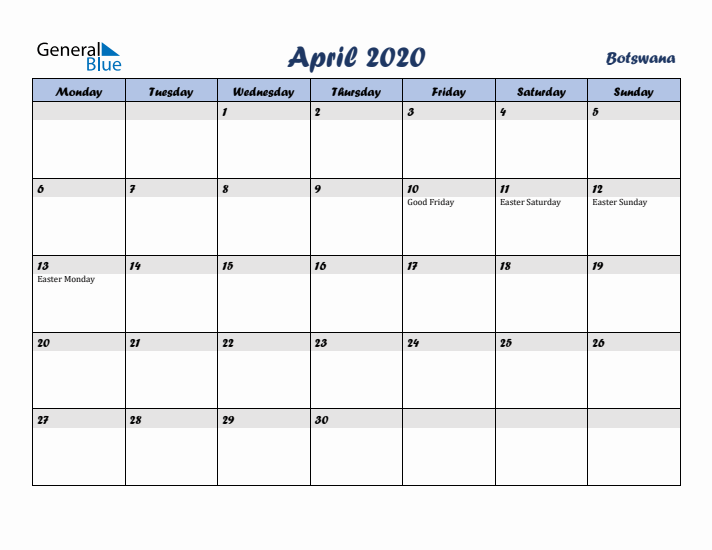 April 2020 Calendar with Holidays in Botswana