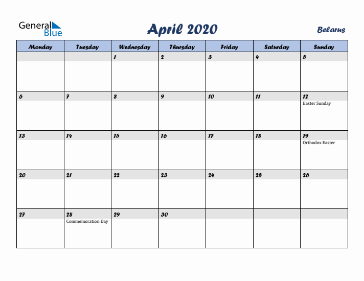 April 2020 Calendar with Holidays in Belarus