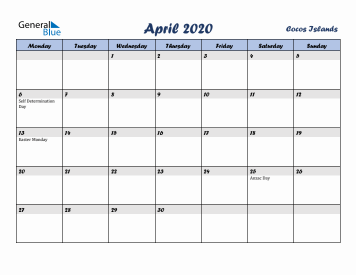 April 2020 Calendar with Holidays in Cocos Islands