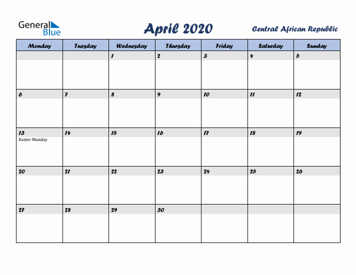 April 2020 Calendar with Holidays in Central African Republic