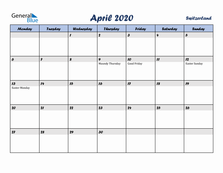 April 2020 Calendar with Holidays in Switzerland