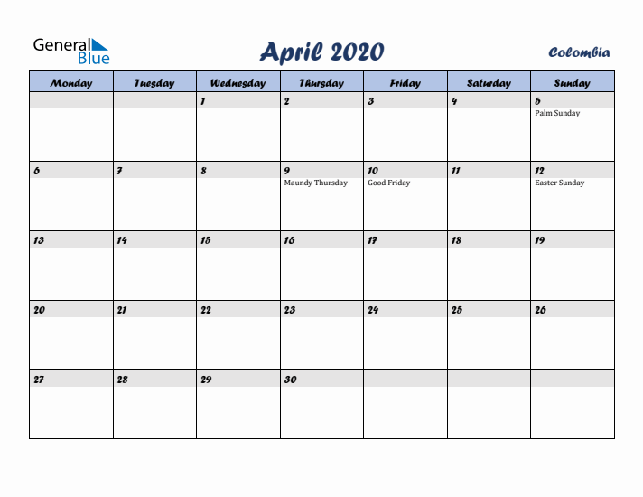 April 2020 Calendar with Holidays in Colombia