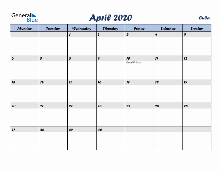 April 2020 Calendar with Holidays in Cuba