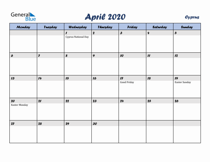 April 2020 Calendar with Holidays in Cyprus
