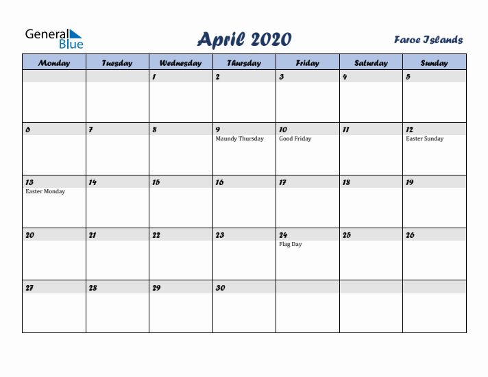 April 2020 Calendar with Holidays in Faroe Islands