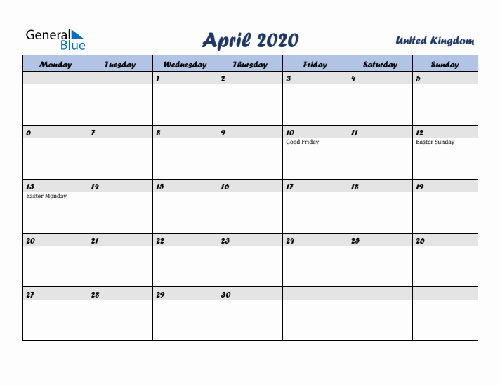 April 2020 Calendar with Holidays in United Kingdom
