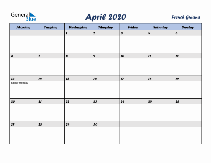 April 2020 Calendar with Holidays in French Guiana