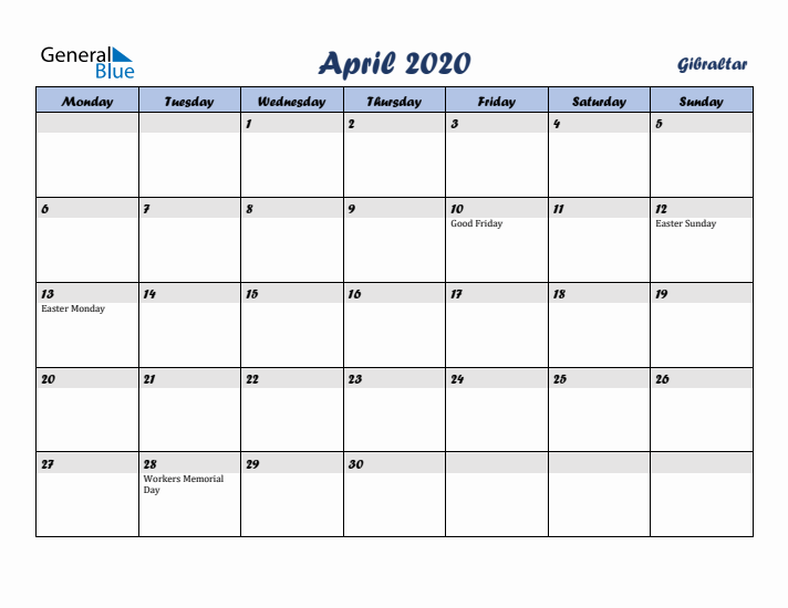 April 2020 Calendar with Holidays in Gibraltar