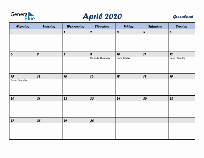 April 2020 Calendar with Holidays in Greenland